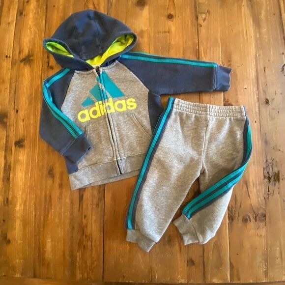 Adidas Hooded ￼Warm Up 2 Piece Outfit Gray Navy Teal Neon Green Sweatsuit Sz 12 - Picture 2 of 10